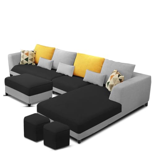 Image of Galib RHS 8 Seater L Shape Sofa Set for Living Room (Black Grey Fabric) Premium Fabric Sofa