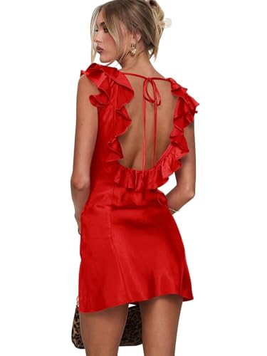 SoDigne Ruffle Satin Homecoming Dresses for Teens V Neck Pleated Short Cocktail Party Gown