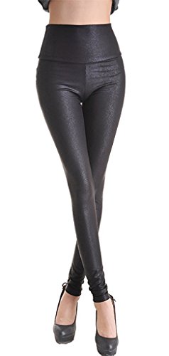 ZIOOER Mujeres PU Leggins Cuero Skinny Elásticos Leggings Pantalones Piel de serpiente negro M