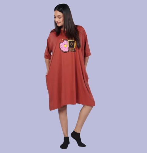 Image of LAMA STORE Women's Printed Oversized T-Shirt Dress, Cotton, 3 /4 Sleeve Length, Casual Loose Fit, Comfort Wear Extra Comfy Oversized Printed Pocket T-Shirt Dress