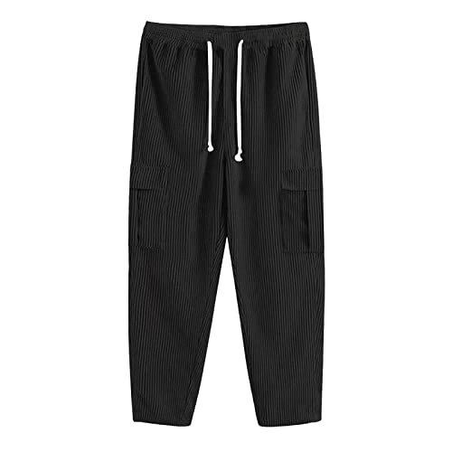 Mens Corduroy Pants Elastic Waist Wide Leg Loose Fit Texture Waffle Pant Big and Tall Baggy Cargo Sweatpants with Pockets3