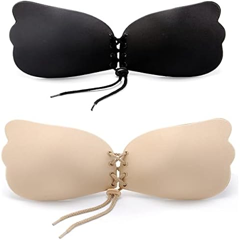 Manxing Invisible Adhesive Strapless Bra Silicone Sticky Bra Invisible Push Up with Drawstring Reusable Bra Invisible Nipple Covers (Nude+Black, L) Cover