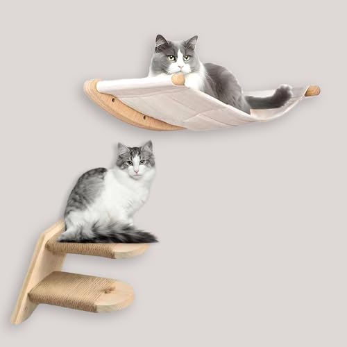 REDKNOT Holz Katzen Kletterwand Set inkl. Katze Hängematte und Katzenleiter, Katzentreppe Wand mit Sisal Kratzbaum, Wandkratzbaum, Katzenmöbel für...