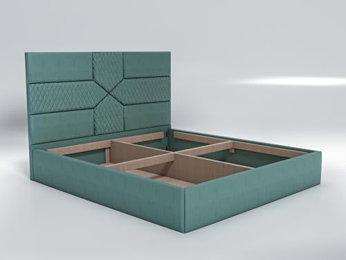 Image of Acacia Modern Upholstered Queen Size Bed with Box Storage for Bedroom | Wooden Double Bed with Storage | Platform Cot Bed with Upholstery Premium Fabric | 6.5 x 5 Ft | Sheesham Wood (Viridian Green)