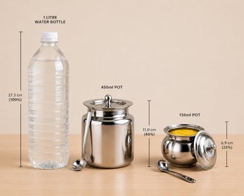 Image of Steel Ghee Pot with Spoon | Oil & Ghee Container Set | Ghee Storage Container with Lid - (Ghee Pot Steel - 450ml & 150ml - Pack of 2)