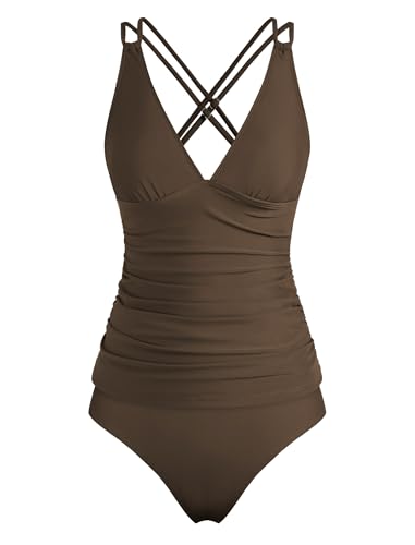 Image of ZAFUL Womens Tankini Swimsuits V Neck Push Up Swim Top Color Block Tummy Control High Waisted Bathing Suits Swim Bottom