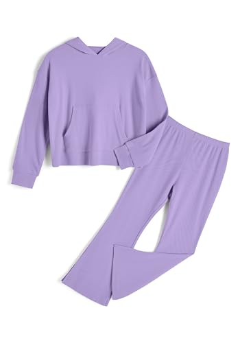 Image of Girls 2 Piece Hoodie Bell Bottom Sweatsuit Fall Outfit Set | Long Sleeve,front pocket,side-slit flare,machine washable,soft rayon-blend,skin-friendly,stretchy,durable