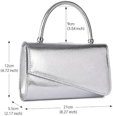 Women’s Silver Evening Clutch Purse with Top Handle, Cross Texture Metallic Formal Handbag for Party, Prom, Evening Bag with Detachable Chain Strap - 3