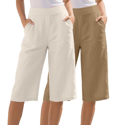 2 Pack Women's Linen Capri Pants Wide Leg Cropped Palazzo Trousers with Pockets High Waist Beach Summer Casual Pants(Khaki, Flaxen,XX-Large)