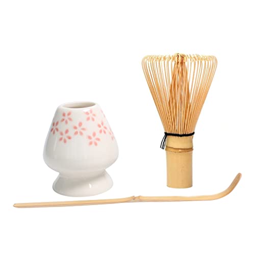 Beauenty Matcha Whisk Set 3 pcs-Handmade Bamboo Whisk and Holder Tea Scoop (Matcha Stirrer 100 Prong)- Traditional Japanese Matcha Kit Ceramic Whisk Holder for Japanese Tea Ceremony (White)