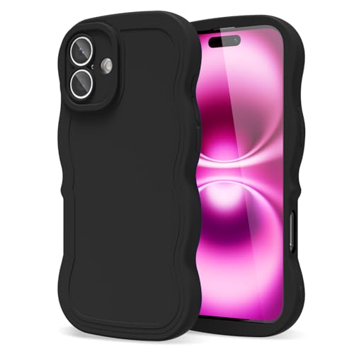 oakxco Silicone Case for iPhone 16 Plus Case Wavy Edge, Cute Curly Wave Frame Ripple Trendy Design Girly Phone Case for Women, Y2k Aesthetic Plain Soft Matte Rubber & Camera Cover Protection, Black