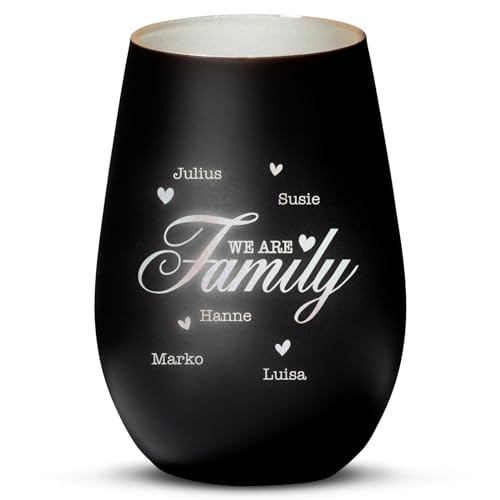 Love Faith We Are Family Windlicht Schwarz/Silber - Personalisiertes Windlicht für Teelichter mit Namen-Gravur - Geschenk für Eltern & Großeltern