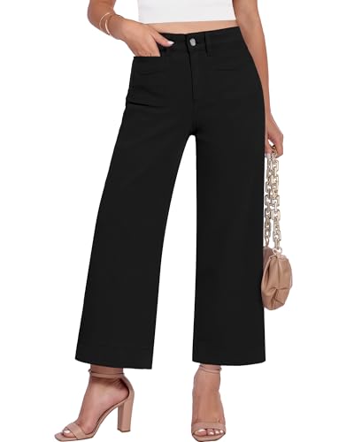 GRAPENT Ankle Jeans for Women Wide Leg Cropped Jeans Crop Pants True Black