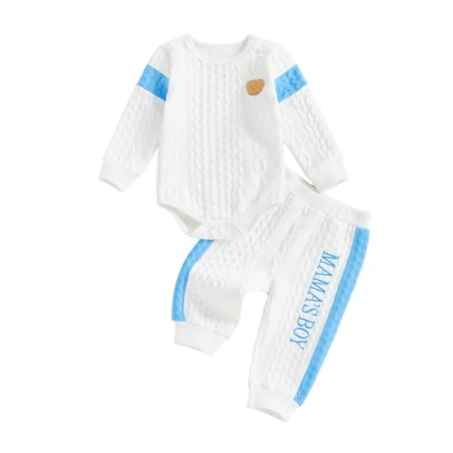 Image of Babieshouse Newborn Baby Boy Clothes Mamas Boy Bear Embroidery Long Sleeve Romper Pants Set Fall Winter Outfits 3-18 Months