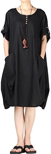 Women's Cotton Linen Dresses Plus Size Summer Roll-up Sleeve Baggy Sundress