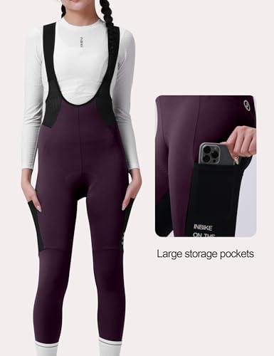 INBIKE Radlerhose Bib Pants Fahrradhose Fahrradträgerhosen Damen Lang Winter Thermo Warm Winddicht Gepolstert mit Taschen Fleece Reflektierendem Logo Atmungsaktiv Elastisch Weich Lila L