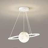 Dreamy Modern White Saturn Planet LED Pendant Light, Dimmable 3-Color Moon Chandelier, Eye-Care Adjustable Hanging Lamp, Space Theme Lighting Fixture for Kids Room, Bedroom, Dining Room, Nursery.