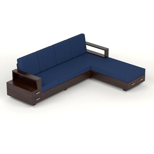 Image of Sheesham Wood 6 Seater L Shape Sofa Set with Storage Drawers and 40 Density Cushion | Solid Wooden Corner Sofa with Navy Blue Fabric Upholstery for Living Room