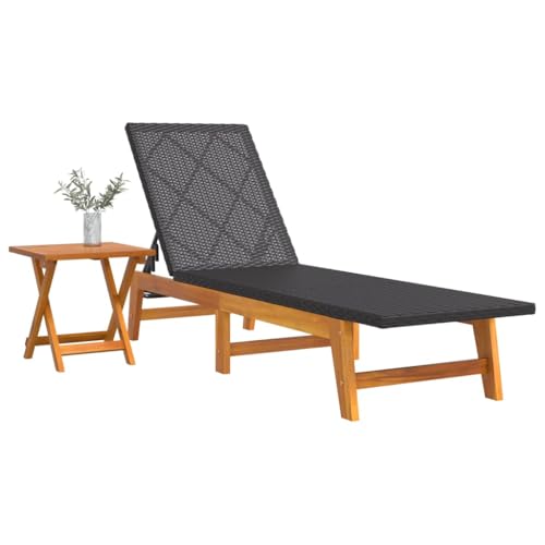 Chaise longue d'extérieur inclinable en acacia et polyrotin avec table