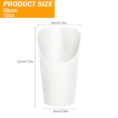 50 Pcs Disposable French Fries Holder, 12oz Paper French Fry Cups, Snacks Kraft Paper Cups, Take- Out Party Frozen Dessert Supplies Charcuterie Cups for All Occasions(White)