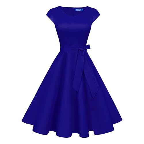 OBBUE Women's Vintage Cocktail Dresses V Neck 1950s Dresses Homecoming Party Short Sleeves Dress with Pockets Royal Blue L