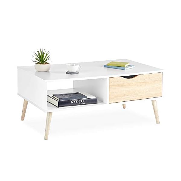 VonHaus White Coffee Table with Storage - Coffee Tables for Living Room with Light Oak Effect, Shelf & Soft Close Drawer, Modern Scandi Furniture, 99x60x43cm