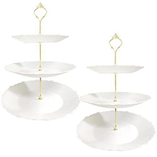 Lot de 2 présentoirs à gâteaux à 3 niveaux en plastique blanc pour thé de l'après-midi, support à cupcakes pour mariage, anniversaire Cover