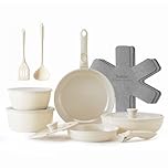 Redchef 16pcs Ceramic Pots and Pans Set Non Stick, Nonstick Kitchen Cookware Set with Detachable Handle, PFAS PFOA & PTFE Free, RV Ceramic Cookware Set for Camping, Oven Safe（Beige White