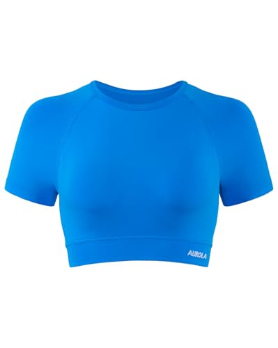 Image of AUROLA Influence Women Crop Top Short Sleeve Compression Workout T-Shirt | Raglan Short Sleeve Crop Top, High-Stretch Seamless Knit, Stay-Put Ribbed Underband, Soft Breathable Comfort