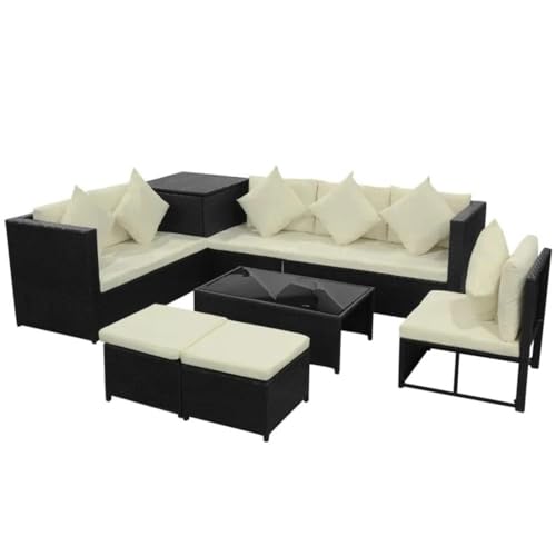 Image of 6-Piece Outdoor Patio Conversation Set, Sofa with Ottomans, and Glass Coffee Table, with Hand-Woven Wicker and Thick Cushions. (Black and Beige)