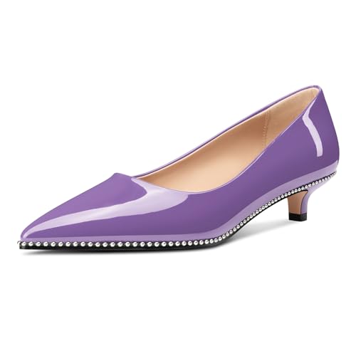 Image of Aachcol Womens Low Heel Pointed Toe Pumps Silver Beaded Kitten Heels Slip-on Comfortable Office Dress Shoes 1.4 Inches Heels