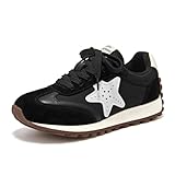 Picture of BEAU TODAY Platform Fashion Sneakers for Women, Womens Chunky Leather Sneakers, Comfortable Casual Retro Non-Slip Lace-up Walking Running Gym Shoes Black-1 US 7
