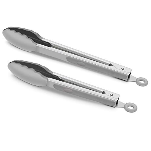Premium Stainless Steel Food Tongs, 9-Inch & 12-Inch Gray Silicone BPA Free Non-Stick