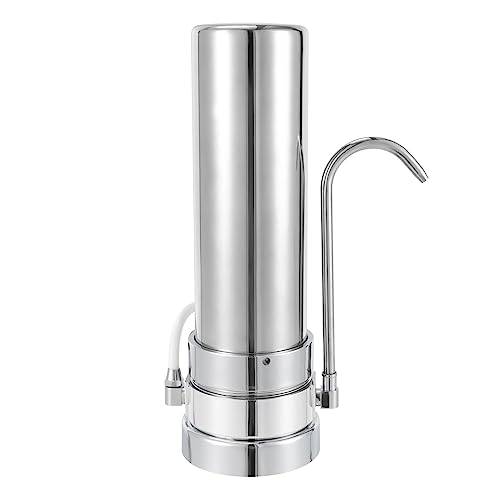 Stainless Steel Faucet Mount Water Filter, 304 Food-Grade Countertop Purifier for Kitchen Tap, 1-Stage Carbon Filter Reduces Chlorine & Odor, Tool-Free Install, Fits Round Faucets, 1 Filter Included