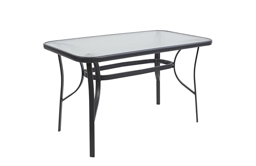 HERSIG - Mesa de Jardin Rectangular de Acero y Vidrio Templado - Mesa Exterior Negra 120x70x70 CM - Mesas de Terraza y Jardín Rectangulares - Mesas para Verano Exterior con Cristal Texturizado