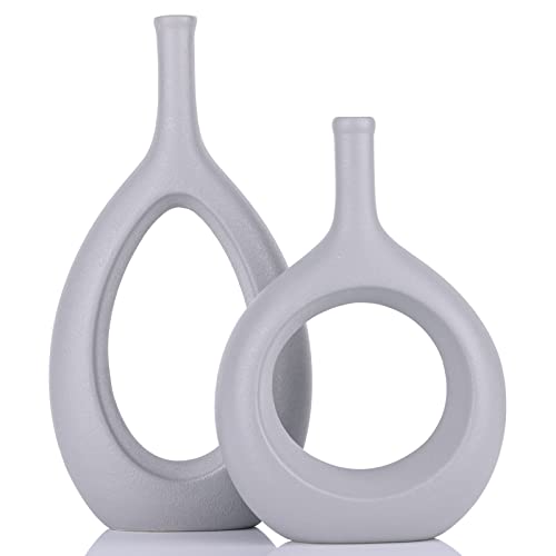 Grey Vase,Ceramics Vase For Home Decor,Grey Vase Set Of 2 Circular Flowers Vase Modern Grey Decor,Home Decoration For Kitchen Table, Living Room Side Table,Fire Place Or Flower Shop #TOP6