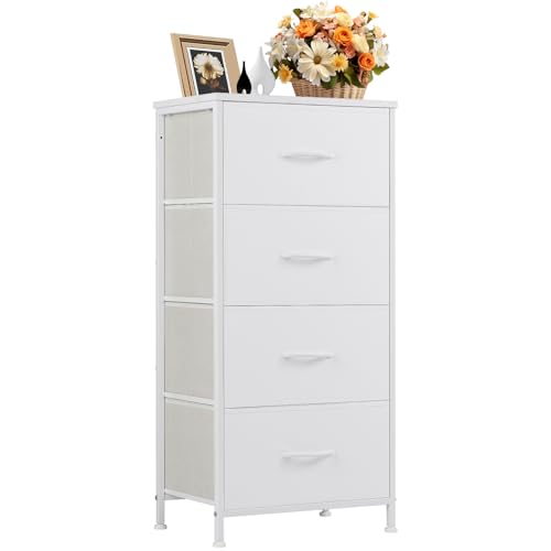 DUMOS Cómoda con cajones - Cómoda y aparadores para Dormitorio, Armario de Cocina con 4 cajones, cómoda con Marco de Acero Estable, Ideal para Dormitorio, salón (Blanco)