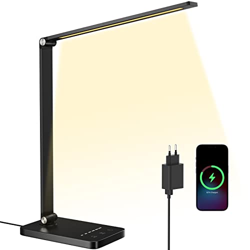 Hopfällbar LED-Bordslampa, Electight 50 LED Touchkontroll Skrivbordslampa, USB-Port, 5 Ljuslägen & Minnesfunktion, Dimbar Bordslampa för Ögonvård, 30/60 Min Timer Av för Läsning, Kontor (med Adapter)