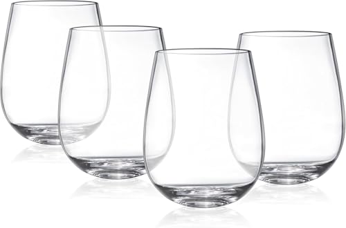 MEKBOK Premium Unbreakable Stemless Wine Glasses Set By Shatterproof Reusable Plastic Wine Cups - Looks like Real Glass - 15oz Perfect For Parties & Entertaining Guests - 4 Piece set