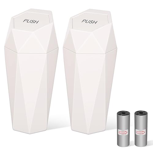 Image of Car Trash Can with Lid, Mini Car Trash Cup with 30 Additional Trash Bags, Car Accessories for Interior, Leakproof Vehicle Garbage Bin for Car, Home, Office - 2 Packs, Beige