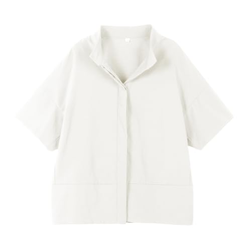 Ainangua Women Casual Button Down Shirts Oversized Short Sleeve Stand Collar Tops Trendy Work Blouses Summer Travel Outfits