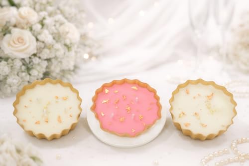 Image of Luxury Pink & White Scented Candle Set - Pack of 3 | Rose, Vanilla, Camphor Aroma | Decorative Urli Candles with Gold Leaf Design | Perfect for Home Decor, Gifting, Functions