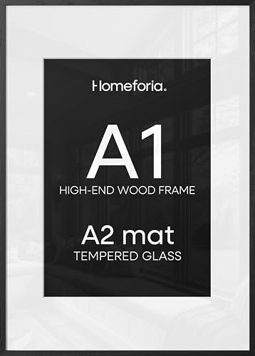 Image of Homeforia A1 Black Oak Poster Frame, High-End Wood, A2 Mat, Glass | High End Solid Oak Wood, Tempered Glass, Acid-Free A2 Removable Mat, A1 Edge-to-Edge Display, Wall Kit, Set Of 2