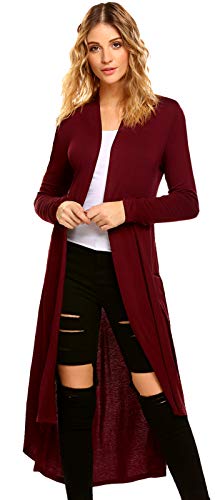 POGTMM Women's Long Open Front Drape Lightweight Maix Long Sleeve Cardigan Sweater (US L(12-14), Wine Red)