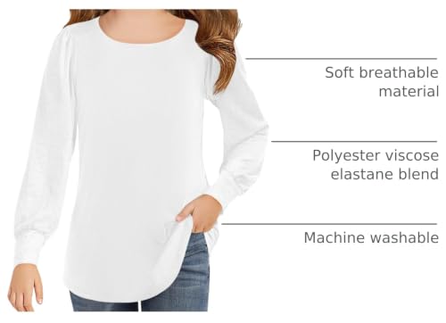 Image of Haloumoning Girls Puff Long Sleeve Shirts Fall Tops 5-14Y | Casual,Solid Color,Crewneck, Soft, Tunic Tops Blouse,Kids Long Sleeve T Shirt,,Fashion Clothes