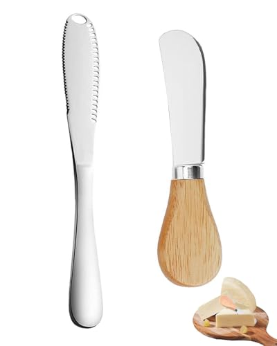 KGDUYC 2 pcs Couteaux à beurre,couteaux à beurre en acier inoxydable Petits couteaux à dessert à fromage avec bord dentelé,cuillère à beurre,pour Tartiner Beurre,Fromage,Confitures,Multifonctions