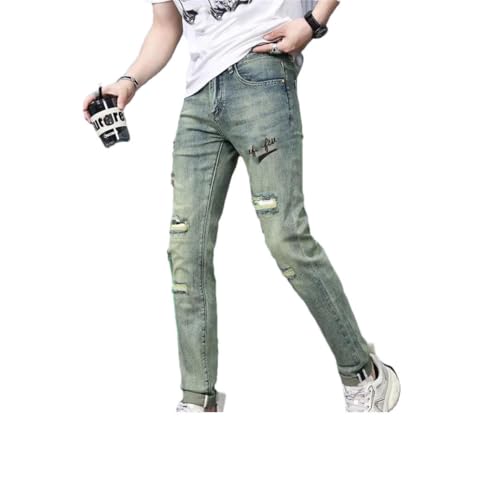 Men's Vintage Ripped Jeans Embroidered Slim Pencil Stretch Washed Thin Skinny Long Pants