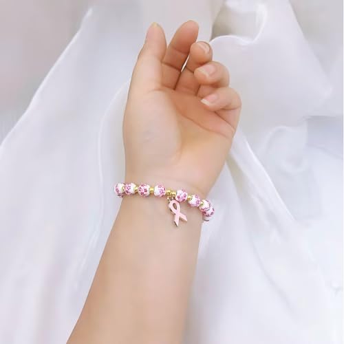 Choistily Breast Cancer Awareness Bracelets Pink Ribbon Bracelet for Women Pink Flower Breast Awareness Accessories Stretch Handmade Bracelet2