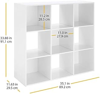 Whitmor 9 Cube Storage Organizer, 3 Tier Stackable MDF Bookcase, Open Storage Display Bookshelf, Storage Cabinet for Living Room, Bedroom, Home, Office, 35.5" L x 11.7" W x 35.5" H, White