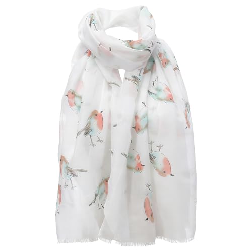 YNR Weißer Chiffon-Schal mit Rotkehlchen-Motiv Aquarell-Schal mit Rotkehlchen-Motiv bedruckt mit Vogelmotiv Wickelschal für Damen Weihnachtsgeschenke